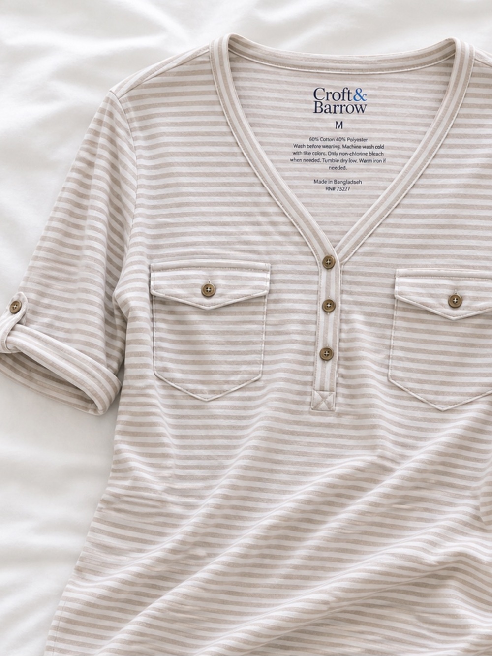 2 Shirts Croft & Barrow Beige and White Striped V-Neck Henley and white Henley